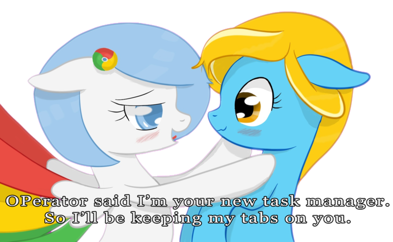 Size: 1504x926 | Tagged: safe, artist:xeirox, derpibooru import, edit, oc, oc:google chrome, oc:internet explorer, unofficial characters only, earth pony, pegasus, pony, blushing, browser ponies, caption, exploitable meme, female, google chrome, interchrome, interchrome meme, internet browser, internet explorer, lesbian, lesbian pony internet browsers, looking at each other, mare, meme, oc x oc, shipping, simple background, white background