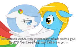 Size: 1504x926 | Tagged: safe, artist:xeirox, derpibooru import, edit, oc, oc:google chrome, oc:internet explorer, unofficial characters only, earth pony, pegasus, pony, blushing, browser ponies, caption, exploitable meme, female, google chrome, interchrome, interchrome meme, internet browser, internet explorer, lesbian, lesbian pony internet browsers, looking at each other, mare, meme, oc x oc, shipping, simple background, white background
