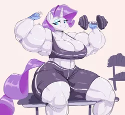Size: 1000x923 | Tagged: anthro, armpits, artist:sirmasterdufel, breasts, busty rarity, cleavage, clothes, derpibooru import, female, fetish, hyper, midriff, muscle fetish, muscles, nsfworkout, overdeveloped muscles, rarity, ripped rarity, sitting, solo, sports bra, sports shorts, suggestive, weight lifting