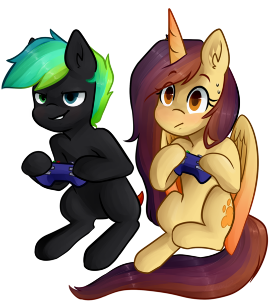 Size: 848x942 | Tagged: safe, artist:goshhhh, derpibooru import, oc, oc:glitch, oc:lessi, unofficial characters only, alicorn, pony, alicorn oc, fake horn, gaming, glessi