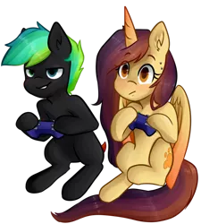 Size: 848x942 | Tagged: safe, artist:goshhhh, derpibooru import, oc, oc:glitch, oc:lessi, unofficial characters only, alicorn, pony, alicorn oc, fake horn, gaming, glessi