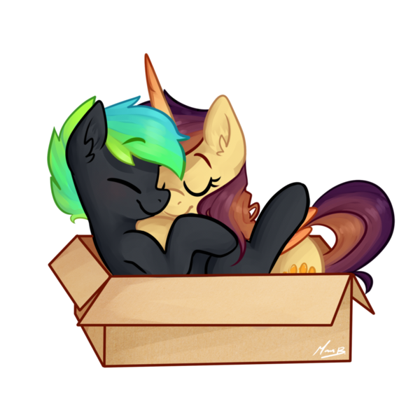 Size: 894x894 | Tagged: safe, artist:goshhhh, derpibooru import, oc, oc:glitch, oc:lessi, unofficial characters only, alicorn, pony, alicorn oc, box, cuddling, fake horn, glessi, snuggling