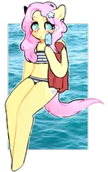 Size: 527x840 | Tagged: anthro, arm hooves, artist:witchidly, bikini, clothes, dead source, derpibooru import, fluttershy, food, ice cream, midriff, popsicle, safe, sea salt ice cream, solo, swimsuit, tankini, towel, unguligrade anthro