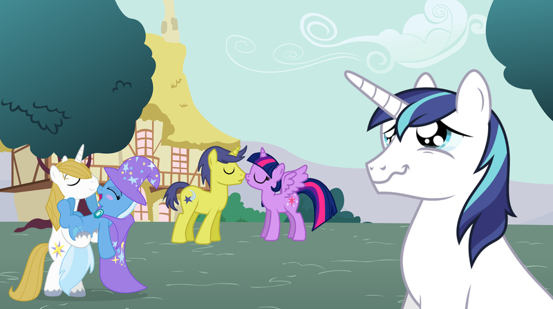 Size: 1600x896 | Tagged: safe, artist:3d4d, derpibooru import, comet tail, prince blueblood, shining armor, trixie, twilight sparkle, twilight sparkle (alicorn), alicorn, pony, bluetrix, cometlight, female, male, mare, shipping, straight