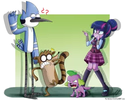 Size: 1574x1259 | Tagged: safe, artist:the-butch-x, derpibooru import, sci-twi, spike, spike the regular dog, twilight sparkle, dog, equestria girls, friendship games, clothes, crossover, crystal prep academy uniform, female, glasses, magic capture device, male, mordecai, regular show, rigby, school uniform, signature