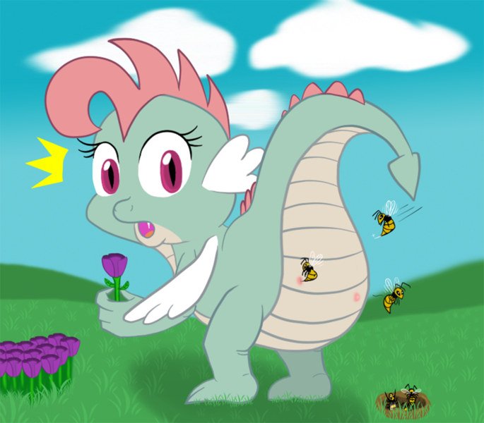 Size: 900x788 | Tagged: artist:bsting, bee, bee fetish, bee sting, butt expansion, derpibooru import, dragon, female, flower, oc, oc:dim sum the dragon, plot, safe, unofficial characters only, wasp