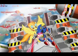 Size: 1762x1272 | Tagged: safe, artist:brodogz, derpibooru import, spitfire, fanfic, crossover, egg fleet, eggman empire of equestria, fanfic art, fight, goggles, image, jpeg, laser, metal sonic, sonic the hedgehog, sonic the hedgehog (series)