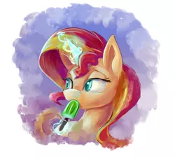 Size: 900x809 | Tagged: safe, artist:tsitra360, derpibooru import, sunset shimmer, pony, unicorn, bust, cute, eating, female, glowing horn, horn, levitation, magic, mare, popsicle, portrait, shimmerbetes, solo, telekinesis