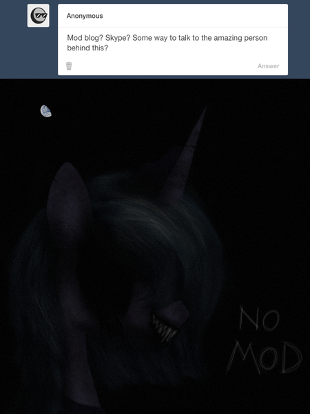 Size: 960x1280 | Tagged: artist:askloona, ask, black sclera, creepy, dark, derpibooru import, earth, loony luna, no eyes, princess luna, s1 luna, semi-grimdark, sharp teeth, smiling, solo, teeth