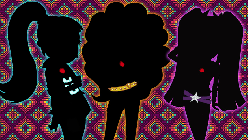 Size: 1920x1080 | Tagged: safe, artist:hatsunepie, artist:mixiepie, artist:starshame, derpibooru import, adagio dazzle, aria blaze, sonata dusk, equestria girls, dark, glow, outline, pose, silhouette, the dazzlings, vector, wallpaper