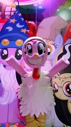 Size: 900x1600 | Tagged: animal costume, chicken pie, chicken suit, clothes, costume, derp, derpibooru import, irl, photo, pinkie pie, safe, san diego comic con, statue