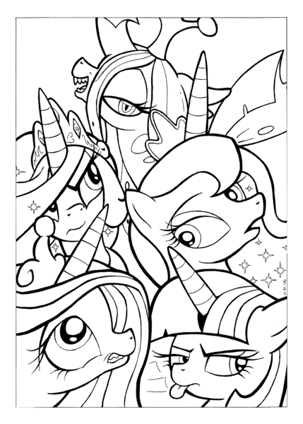 Size: 2651x3709 | Tagged: safe, artist:yewdee, derpibooru import, princess cadance, princess celestia, princess luna, queen chrysalis, twilight sparkle, twilight sparkle (alicorn), alicorn, pony, alicorn tetrarchy, hierarchy, monochrome, tongue out