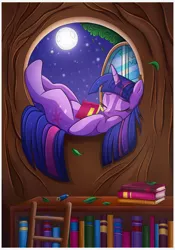 Size: 2101x3000 | Tagged: safe, artist:sherwoodwhisper, artist:vocalmaker, derpibooru import, twilight sparkle, twilight sparkle (alicorn), alicorn, pony, twilight time, adorkable, book, bookshelf, cute, dork, eyes closed, female, high res, leaf, library, mare, moonlight, on back, sleeping, solo, twiabetes, window