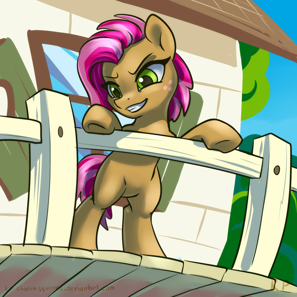 Size: 1500x1500 | Tagged: safe, artist:kp-shadowsquirrel, derpibooru import, babs seed, earth pony, pony, clubhouse, crusaders clubhouse, female, filly, freckles, scene interpretation, smiling, solo, standing, underhoof