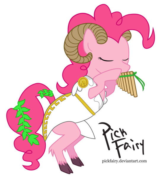 Size: 1024x1118 | Tagged: artist:pickfairy, clothes, derpibooru import, dress, eyes closed, faun, fusion, goat, greek, greek mythology, hooves, horns, laurel, musical instrument, pan flute, pan (god), pinkie pie, ram horns, safe, satyr, solo, toga