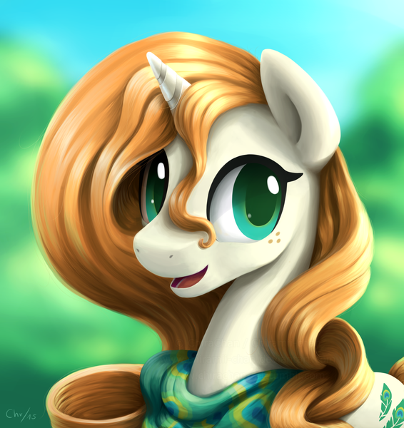 Size: 1993x2112 | Tagged: safe, artist:chiramii-chan, derpibooru import, oc, oc:skyward, unofficial characters only, pony, unicorn, clothes, female, freckles, mare, open mouth, scarf, smiling, solo