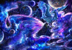 Size: 1200x838 | Tagged: safe, artist:aquagalaxy, artist:earthsong9405, derpibooru import, edit, princess luna, alicorn, pony, cloven hooves, collaboration, curved horn, deepdream, galaxy, inceptionism, planet, solo, space, stars, surreal, unshorn fetlocks