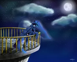 Size: 2500x2000 | Tagged: safe, artist:setharu, derpibooru import, princess luna, alicorn, pony, balcony, cloud, eye reflection, female, jewelry, looking up, mare, missing accessory, moon, night, reflection, regalia, signature, sky, solo, standing, stars