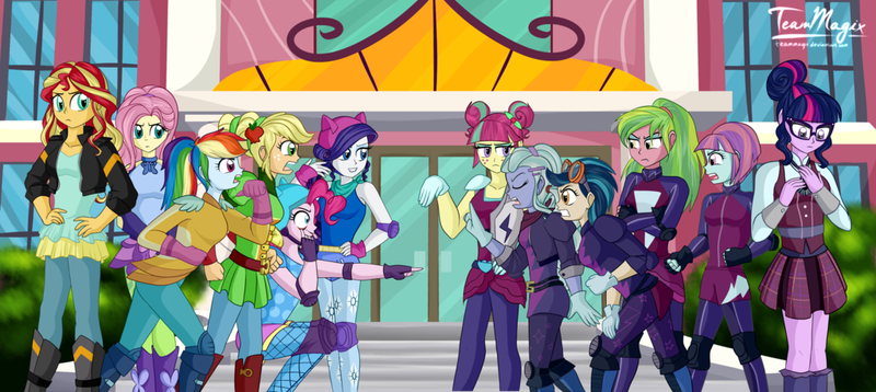 Size: 1024x458 | Tagged: safe, artist:teammagix, derpibooru import, applejack, fluttershy, indigo zap, lemon zest, pinkie pie, rainbow dash, rarity, sci-twi, sour sweet, sugarcoat, sunny flare, sunset shimmer, twilight sparkle, equestria girls, friendship games, canterlot high, crystal prep academy, crystal prep shadowbolts, magic capture device, shadow six, wondercolts