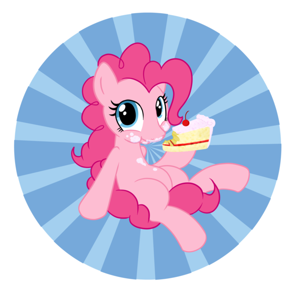 Size: 1757x1750 | Tagged: abstract background, artist:gatodelfuturo, cake, cherry, cute, derpibooru import, diapinkes, eating, food, frosting, looking at you, messy eating, pinkie pie, safe, sitting, solo, source needed, sunburst background