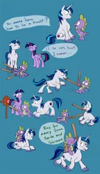Size: 800x1385 | Tagged: safe, artist:nukilik, derpibooru import, shining armor, spike, twilight sparkle, twilight sparkle (alicorn), alicorn, dragon, pony, unicorn, comic, cute, dragons riding ponies, eyes closed, female, floppy ears, frown, glare, grin, mama twilight, mare, mouth hold, nervous, open mouth, prone, rearing, riding, shield, sitting, smiling, spikelove, sweat, sword, wide eyes, wooden sword