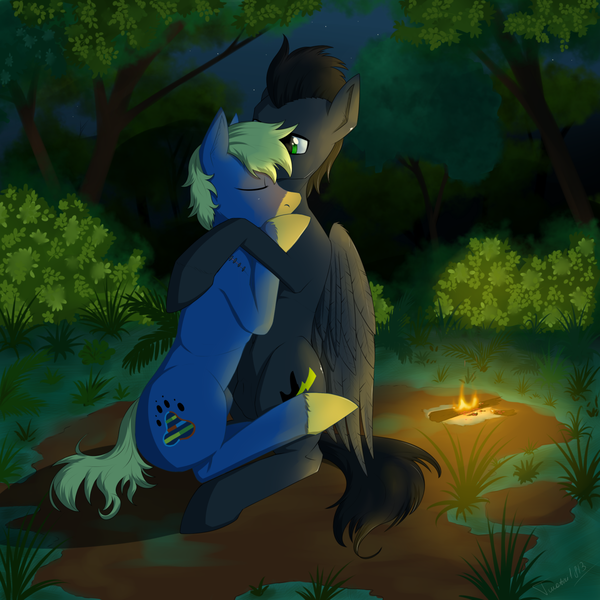 Size: 1280x1280 | Tagged: safe, artist:twotail813, derpibooru import, oc, oc:anvil crawler, oc:doc helix, unofficial characters only, earth pony, pegasus, pony, commission, cuddling, fire, gay, hug, male, night, nudity, outdoors, rcf community, sheath, sheathed, shipping, snuggling