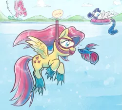 Size: 841x754 | Tagged: artist:mcponyponypony, betta, derpibooru import, flippers, fluttershy, goggles, lake, pinkie pie, rarity, safe, snorkel, snorkeling, swimming goggles, tanning, underwater, watershy, yay