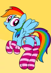 Size: 600x857 | Tagged: artist:an-tonio, clothes, derpibooru import, female, panties, pink underwear, plot, rainbow dash, socks, solo, solo female, striped socks, striped underwear, suggestive, underwear