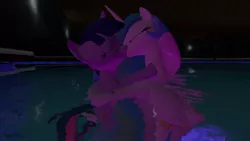 Size: 1360x768 | Tagged: suggestive, artist:mk513, derpibooru import, princess celestia, twilight sparkle, twilight sparkle (alicorn), alicorn, pony, 3d, female, gmod, kissing, lesbian, mare, shipping, swimming pool, twilestia, water