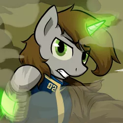 Size: 1024x1024 | Tagged: safe, artist:sitrirokoia, derpibooru import, oc, oc:littlepip, unofficial characters only, pony, unicorn, fallout equestria, fanfic, brown mane, cloak, clothes, fallout, fanfic art, female, glowing horn, green eyes, hooves, horn, magic, mare, pipbuck, solo, teeth, vault suit