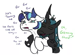 Size: 929x687 | Tagged: suggestive, artist:jargon scott, derpibooru import, queen chrysalis, shining armor, changeling, pony, unicorn, bad touch, changeling king, cute, dialogue, do not want, ew, eyes closed, female, gleamibetes, gleaming metamorphosis, gleaming shield, king metamorphosis, male, mare, morphabetes, personal space invasion, rule 63, rule63betes, shining adorable, shining chrysalis, shipping, shipping denied, straight