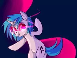 Size: 1280x960 | Tagged: safe, artist:catzino, derpibooru import, vinyl scratch, pony, bipedal, glowing eyes, solo, waving