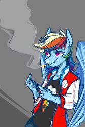 Size: 1280x1916 | Tagged: anthro, artist:catzino, cigarette, derpibooru import, grin, middle finger, rainbow dash, safe, smoking, solo, varsity jacket, vulgar