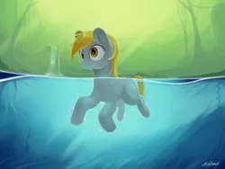 Size: 1024x768 | Tagged: safe, artist:chickhawk96, derpibooru import, derpy hooves, pegasus, pony, derp, female, floating, forest, mare, misleading thumbnail, solo, swimming, swimming pool, underwater, water, waterfall