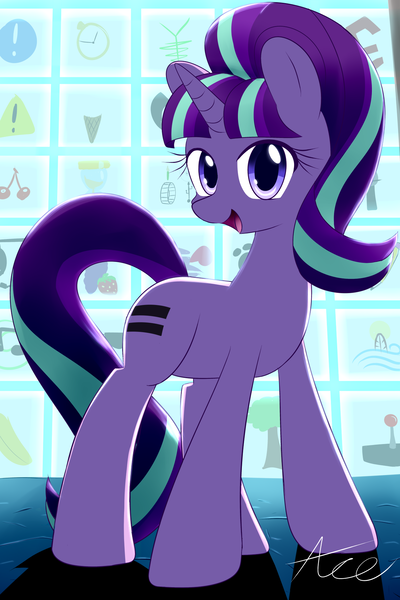 Size: 1280x1920 | Tagged: safe, alternate version, artist:acersiii, derpibooru import, starlight glimmer, pony, unicorn, the cutie map, cutie mark vault, female, looking at you, mare, open mouth, signature, solo