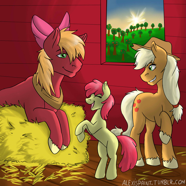 Size: 1280x1280 | Tagged: safe, artist:alexispaint, derpibooru import, apple bloom, applejack, big macintosh, earth pony, pony, accessory swap, male, stallion