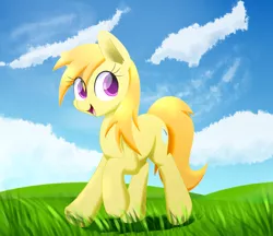 Size: 1280x1106 | Tagged: safe, artist:acersiii, derpibooru import, oc, unofficial characters only, earth pony, pony, cloud, cloudy, cute, day, field, grass, grass field, hill, purple eyes, scenery, sky, smiling, solo
