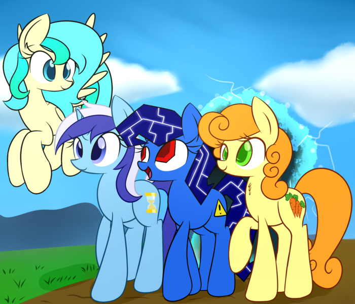 Size: 1280x1097 | Tagged: artist:acersiii, carrot top, derpibooru import, golden harvest, minuette, oc, oc:bluescreen pony, oc:solar tide, road, safe, walking