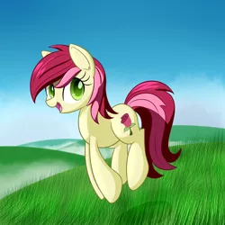 Size: 1280x1280 | Tagged: safe, artist:acersiii, derpibooru import, roseluck, earth pony, pony, day, field, grass, grass field, green eyes, hill, hopping, jumping, looking at you, sky, smiling, solo