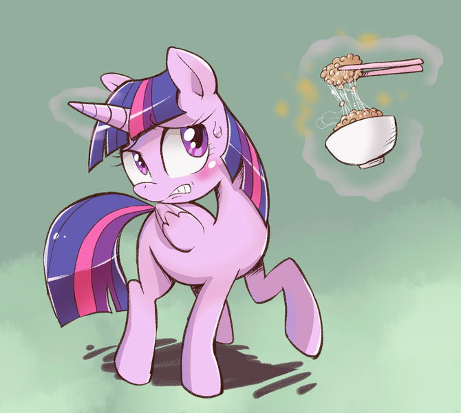 Size: 1140x1021 | Tagged: safe, artist:k-nattoh, derpibooru import, twilight sparkle, twilight sparkle (alicorn), alicorn, pony, blushing, bowl, chopsticks, female, gritted teeth, levitation, magic, mare, natto, nervous, raised hoof, solo, sweat, telekinesis