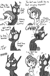 Size: 1466x2199 | Tagged: safe, artist:tjpones, derpibooru import, oc, oc:brownie bun, oc:pistachio, unofficial characters only, changeling, horse wife, :i, annoyed, crossed hooves, cute, cuteling, fluffy, gasp, monochrome, nose wrinkle, open mouth, pushing, raised eyebrow, scrunchy face, shapeshifting, smiling, sparkles, wide eyes