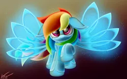 Size: 2800x1750 | Tagged: safe, artist:symbianl, derpibooru import, rainbow dash, pony, robot, robot pony, :3, alternate wings, aperture, bioluminescent, cute, dashabetes, floppy ears, glow, gradient background, looking at you, particles, rainbot dash, raised hoof, roboticization, solo, spread wings