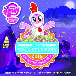 Size: 2400x2400 | Tagged: animal costume, carriage, chicken pie, chicken suit, clothes, costume, cover art, daniel ingram, derpibooru import, full moon, hasbro studios, moon, my little pony logo, night, nightmare night, nightmare night costume, pinkie pie, princess luna, royal guard, safe, soundtrack, the my little pony 2015 convention collection