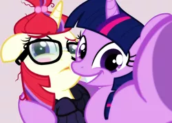 Size: 4500x3200 | Tagged: adorkable, amending fences, artist:zigrock, blushing, boop, cute, dancerbetes, derpibooru import, dork, embarrassed, female, floppy ears, frown, glasses, grin, lesbian, moondancer, safe, selfie, shipping, show accurate, side hug, smiling, squee, squishy cheeks, :t, twiabetes, twidancer, twilight sparkle