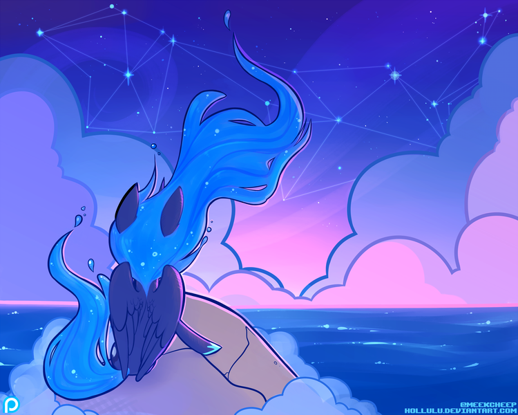 Size: 1900x1520 | Tagged: safe, artist:meekcheep, derpibooru import, princess luna, alternate hairstyle, cloud, cloudy, constellation, night, ocean, patreon, pretty, rock, sitting, solo, spread wings, stars, sunset