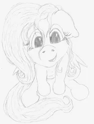 Size: 1000x1325 | Tagged: artist:bigmacintosh2000, cute, derpibooru import, floppy ears, fluttershy, looking at you, looking up, monochrome, open mouth, safe, shyabetes, sitting, smiling, solo, traditional art