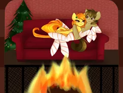 Size: 1280x960 | Tagged: safe, artist:sugarberry, derpibooru import, spitfire, oc, oc:chocolate chips, earth pony, pegasus, pony, blushing, canon x oc, christmas, christmas tree, clothes, clover, couch, female, firechips, fireplace, four leaf clover, holiday, male, mare, shipping, smiling, socks, stallion, straight, striped socks, thigh highs, tree