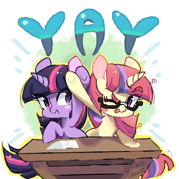 Size: 900x900 | Tagged: safe, artist:akamei, derpibooru import, moondancer, twilight sparkle, pony, unicorn, amending fences, duo, duo female, female, glasses, hoofbump, pixiv