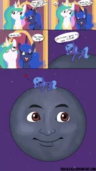 Size: 900x1600 | Tagged: safe, artist:tralalayla, derpibooru import, princess celestia, princess luna, alicorn, pony, comic, dialogue, emoji, emoticon, female, filly, heart, mare, meme, molester moon, moon, rage face, woona