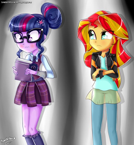 Size: 2500x2700 | Tagged: safe, artist:vixelzf, derpibooru import, sci-twi, sunset shimmer, twilight sparkle, equestria girls, friendship games, amulet, book, clothes, crystal prep academy uniform, female, glasses, magic capture device, school uniform